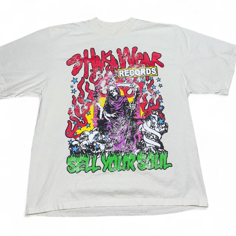 Shaka War Records white graphic tee with purple and red print #skaterstyle